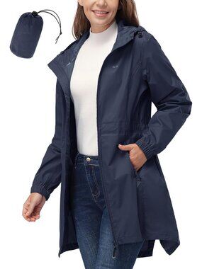 Women's Waterproof Long Packable Rain Jacket Deep Blue with Hood Trench Coats